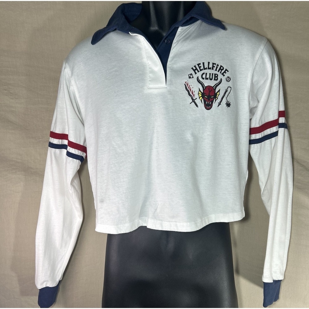 Stranger Things Hellfire Club Cropped Rugby Polo Shirt Women's XXS Y2K